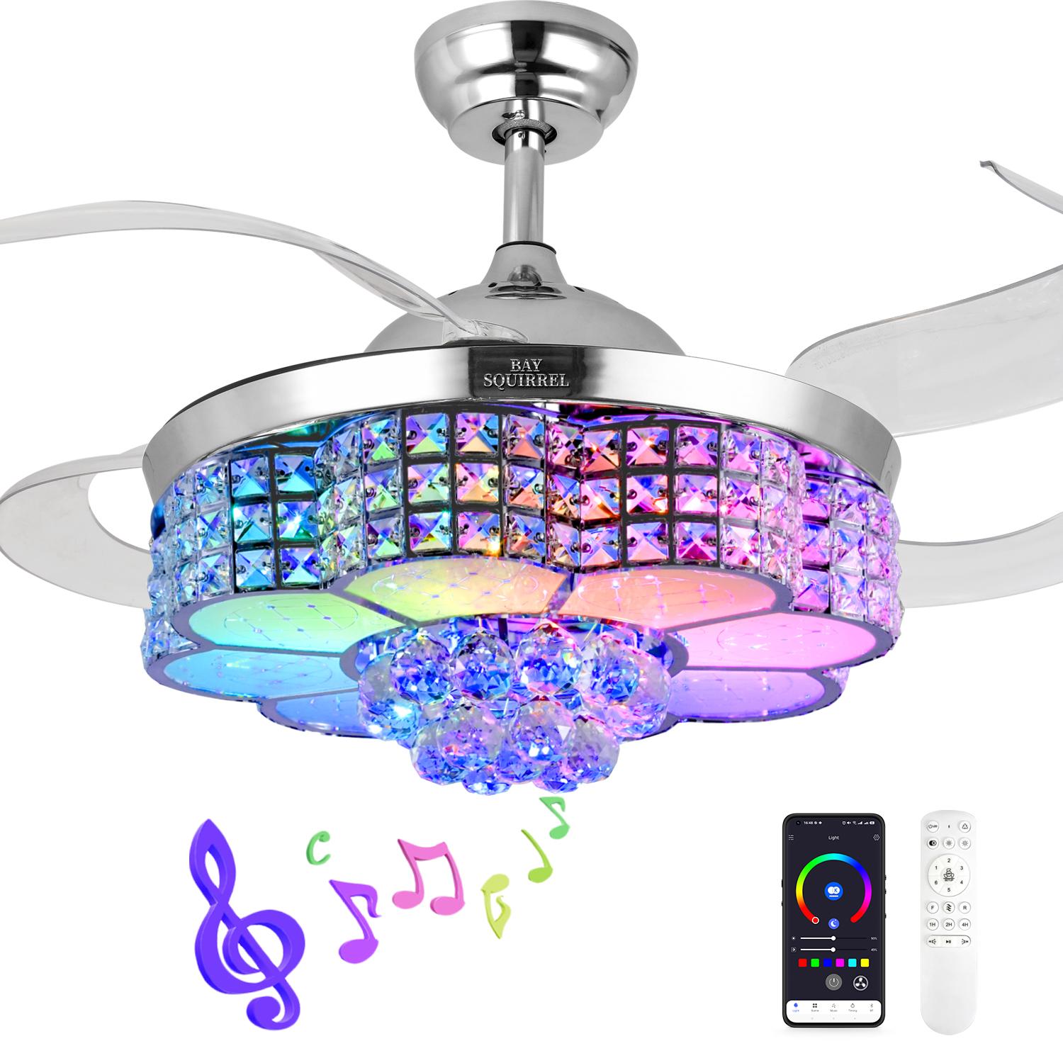 BAYSQUIRREL Retractable Crystal Ceiling Fan with Speaker,Remote/APP Control, 6 Speed Reversible RGB-LED Light, Atmosphe