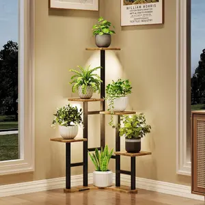 Corner Plant Stand Indoor with Grow Lights, 6 Tiered Corner Plant Shelf Flower Stand for Multiple Plants, Plant Shelves Organizer Rack for Living Room, Balcony, Patio, Square Rustic Brown