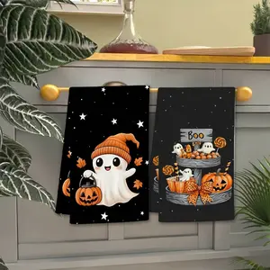 2pcs/set Halloween Kitchen Towels with Cute Ghosts, Pumpkins & Spooky Stars - Absorbent Polyester Microfiber Dishcloths & Tea Towels for Fall Decor, Baking, Drying Dishes - Hand Wash Only, Contemporary Rectangular Hand Towels for Home，Pumpkin Print