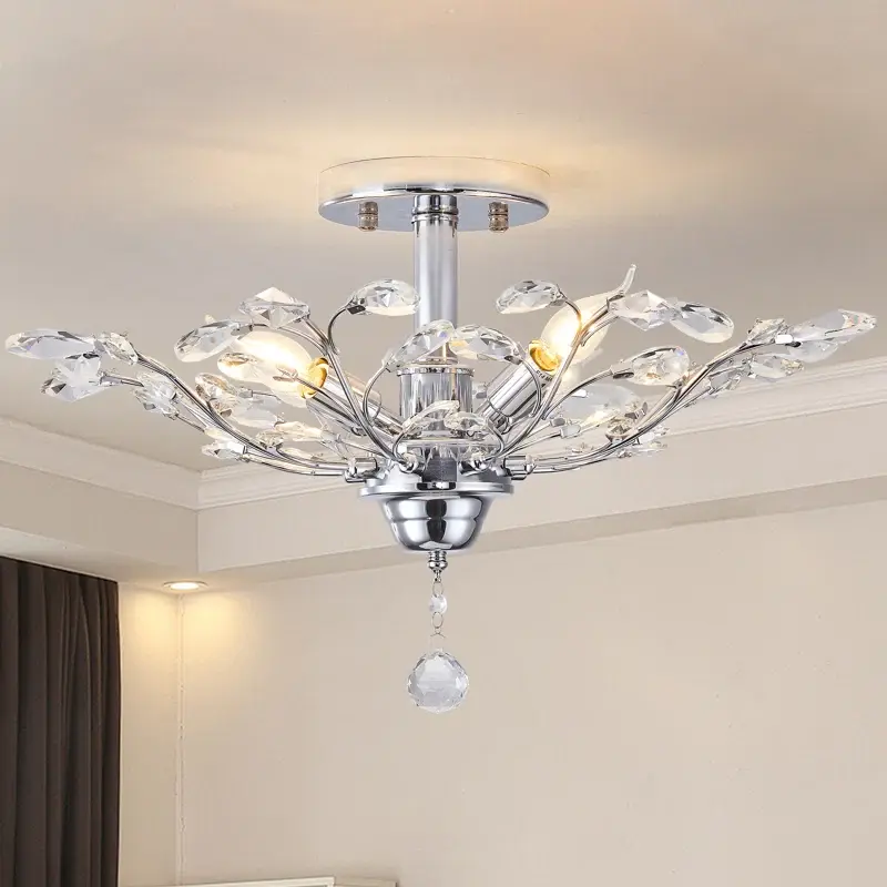 Garwarm Crystal Ceiling Light, K9 Crystal Chandeliers, Vintage Frozen Crystal Branch Close to Ceiling Lighting Fixtures with 4-Light for Living Room Dining Room Bedroom Restaurant Entryway (Chrome) Modern Design