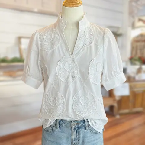 Women's 100% Cotton Sage V-Neck Blouse - Solid, Soft Light Fabric, Vintage Green Floral Embroidery, Smart Puffed Sleeves, Stand Collar, Button-Front, Loose Brunch Fit for Daily, Going Out Use