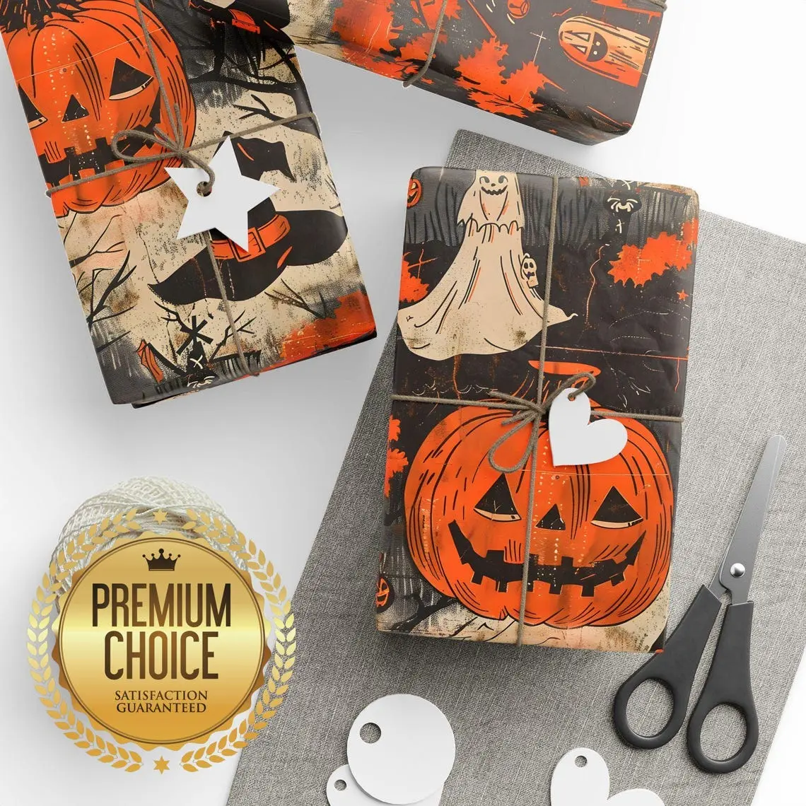 Vintage Witches Hat Wrapping Paper, Vintage Halloween Gift Wrap, Spooky Haunted Wrapping Paper, Black & Orange October Wrapping Paper
