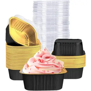 40Pcs Black & Gold Mini Square Aluminum Foil Cake Pans With Lids, 5oz Disposable Brownie Muffin Ramekins, Cupcake Dessert Baking Cups For Wedding Birthday Party Supplies