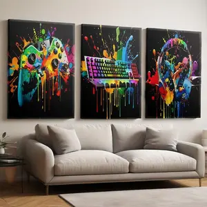 3pcs/set Frameless 2D-Gamer's Joy Framed Canvas Art - Modern Gaming Poster Prints with Controller, Headphones & Splash Paint Designs in Neon Green, Decorative painting, Modern Home Decor
