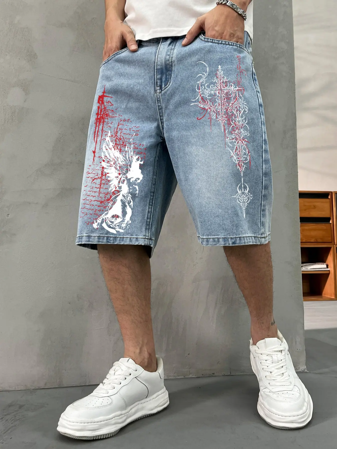 Men's Loose Fit Grunge Casual Denim Shorts Denim Look | Y2K Streetwear Aesthetic | Vintage Graphic Printed Pocket Urban Summer Outfits for Men