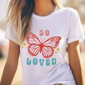So Loved Women's Christian T-Shirt White Ribbed Tee with Butterfly Design & Elastic Collar for Everyday Wear Fabric Fit FaithBasedFashion