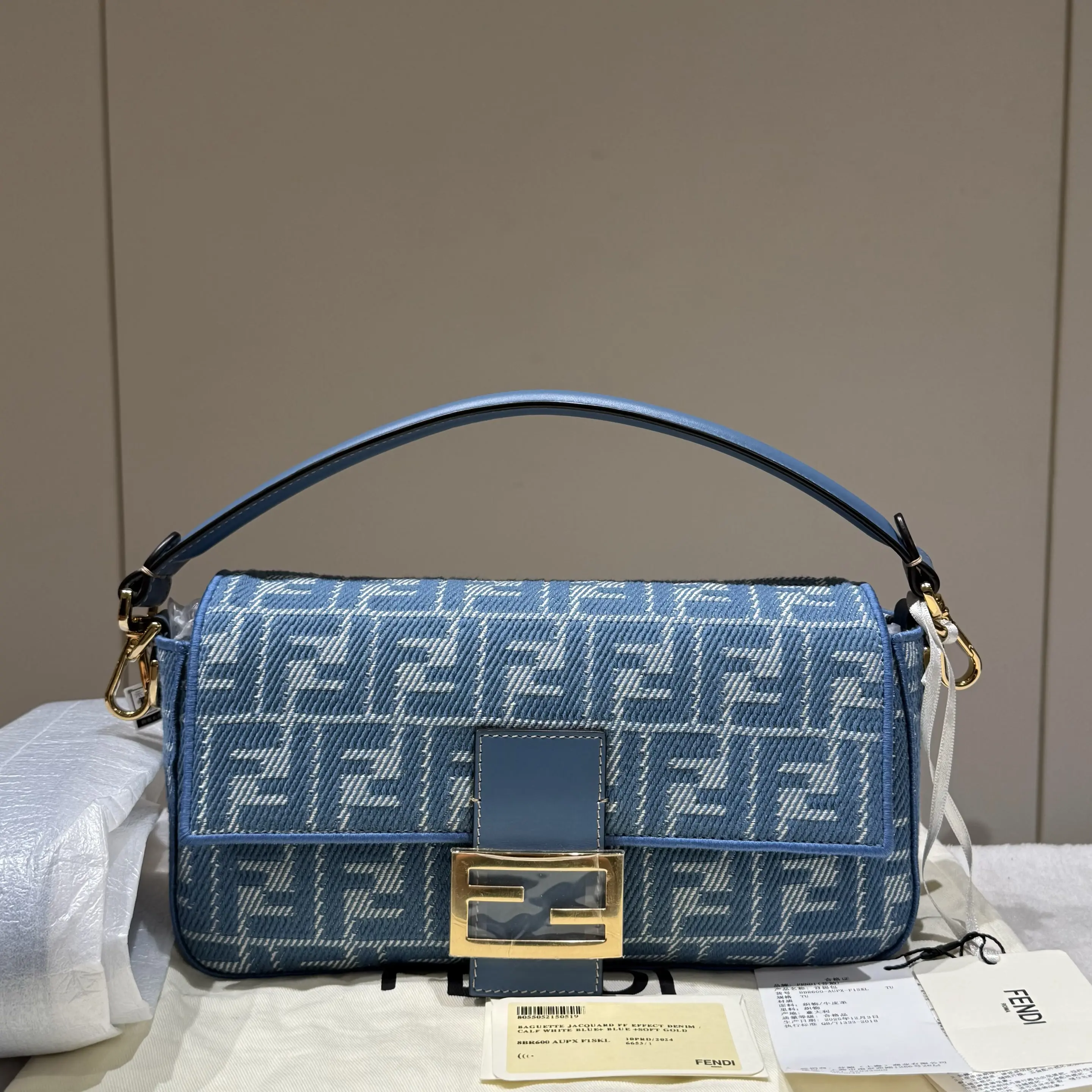 Pre-owned FENDI canvas Shoulder Bags Baguette Blue Denim Medium Monogram Crossbody Bag 94118795 SH