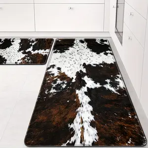 Western Cowhide Print Kitchen Flannel Mat Set, Farmhouse Home Decor Rugs, Brown White Cow Pattern, Non slip Silicone Backing, Soft Comfortable Flannel, Ideal for Kitchen Bathroom Laundry Room Living Room Entrance Door