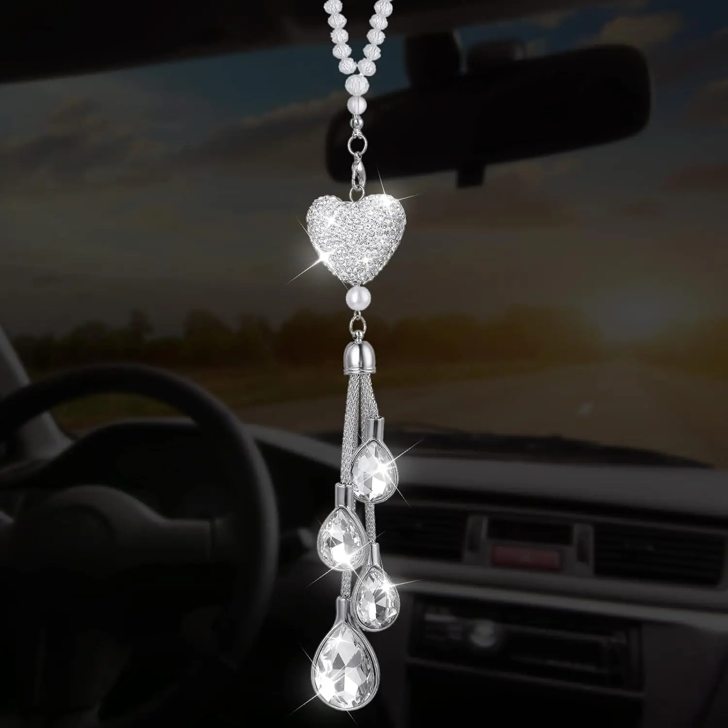 Heart   Hanging Bling Pendant,  Rear View Mirror Charms, Interior Hanging Charm Decoration, Lucky Decor Ornament Accessories for Women
