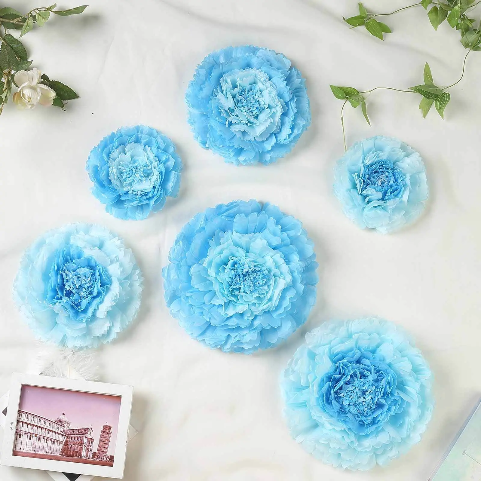 6-Piece Multi-Size Aqua-Blue 3D Paper Carnation Decorative Flowers Wall Decor (7",9",11") for Floral Decor & Flower Arrangement