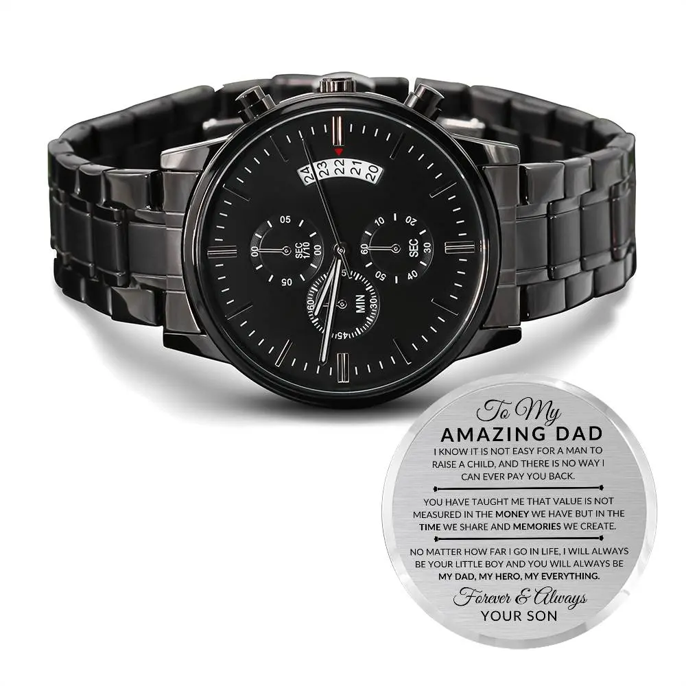 Men's Chronograph Watch, Engraved 38mm Round Black Stainless Steel, Waterproof with 3-Dials & Calendar Func. - Birthday Gift for Dad, Three-Dials