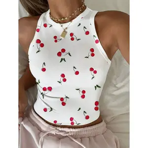 Cherry Print Casual Tight Fit Round Neck Tank Top For Women, Cute & Sweet, Suitable For Loungewear, Vacation, Summer