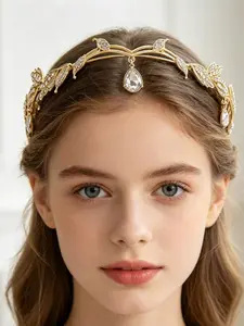 Vintage Creative Alloy Rhinestone Leaf Water Drop Pendant Headband Headpiece Crown Tiaras, Adjustable Bridal Party Accessory, Holiday Gift