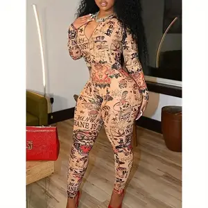 Fashion Sexy Printed Zipper V-Neck Skinny Jumpsuit