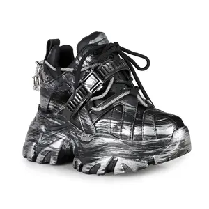 Watermelon 01 - Black Lace Up Hidden Wedge Women's Chunky Platform Sneakers with 4.5 Inch Wedge Heel & 2.5 Inch Platform