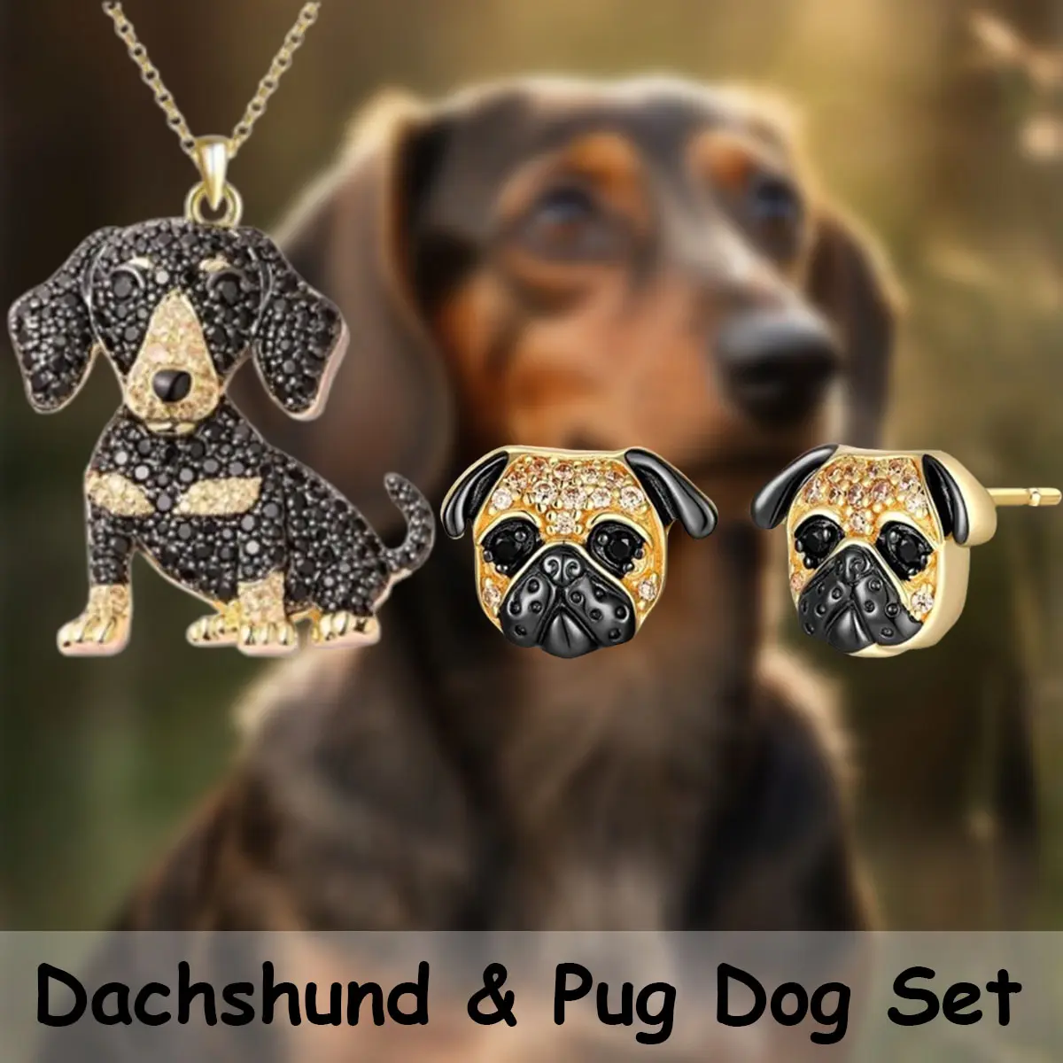 Women's 3-Pcs Funky Costume Jewelry Set - Golden Dachshund Pendant Necklace, Cute Pug Stud Earrings, Yes, Daily Everyday Wear, Christmas Gift for Her, Animals, Birthday, Whimsical, Alloy