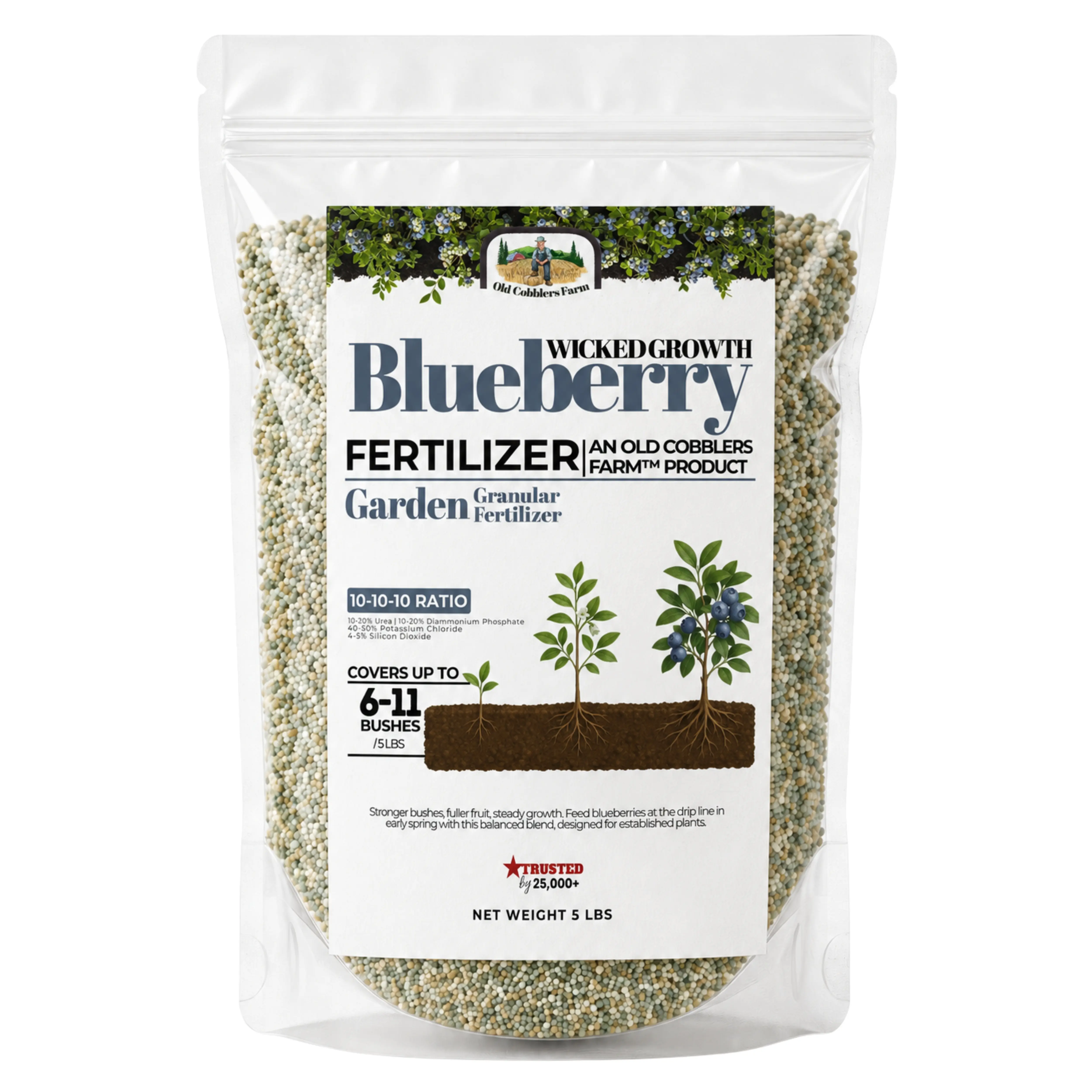 Old Cobblers Farm Wicked Growth Blueberry Fertilizer, Balanced Granular Plant Food for Highbush, Rabbiteye, Half High and Lowbush Blueberry Bushes, Early Spring Drip Line Feed for Berry Patches and Gardens