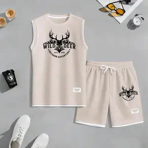 Men's Wild Deer Graphic Sleeveless Tank & Shorts Set, Sporty Streetwear for Summer, Casual Gym Activewear, Lightweight Two-Piece Outfit, Comfortable and Stylish, Perfect for Sports, Workout, and Daily Wear