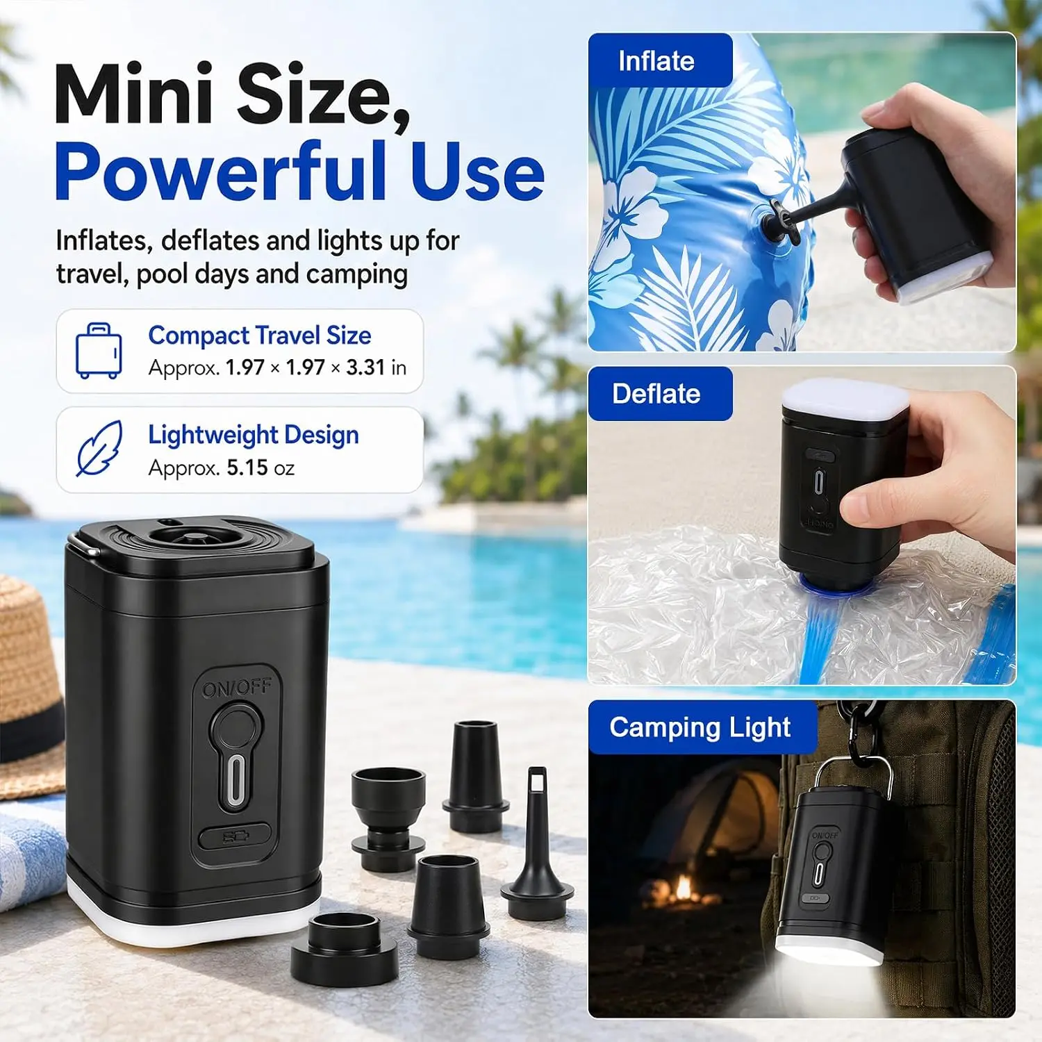 Portable Air Pump for Inflatables - Fast Inflation Mini Electric Air Pump with Long-Lasting Rechargeable Battery for Pool Floats, Air Mattress, Boats, Inflatable Toys & Cushions