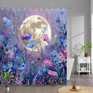 1pc Large Moon & Multicolor Night Garden Shower Curtain - Blue Pink Purple Turquoise Golden Floral Bathtub Divider with 12 Hooks, Machine Washable 70.8x70.8 Inch Fabric Bath Curtain for Spa-Like Ambiance, Women's Bathroom Decor (Jasmine, 2D Flat