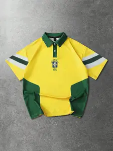 Men's polo shirt, street style, American style, 2026 Brazil World Cup color scheme, short-sleeved polo shirt.