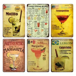 Vintage Cocktail Recipe Metal Signs 6pc Set w Mojito Margarita & Caipirinha Authentic Bar Decor with National Flags Classic Recipes