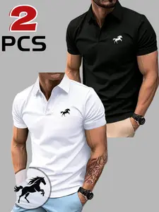 Men's Polo Shirt Set (2pcs), Casual Fashion Home Wear, Solid Color Short Sleeve Horse Print, Breathable Daily/golf Shirts, Multiple Colors