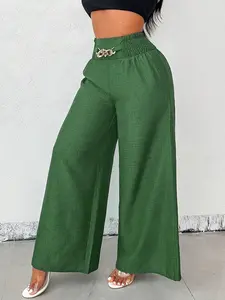 A pair of women's solid-color zipper-enclosed high-waisted stretchable loose-fitting slimming wide-leg trousers that are versatile and suitable for all occasions.
