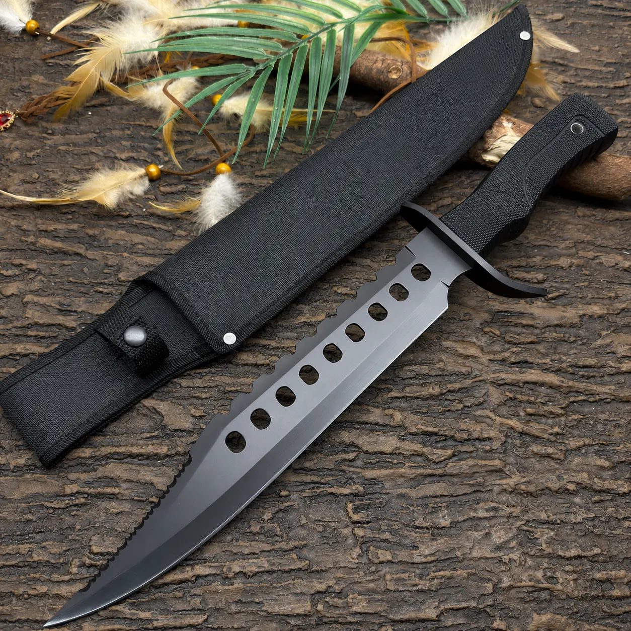 Kitchen Meat Prep Knife - Lightweight Hollow Design, Black Coated Serrated Fixed Blade, Textured Non-Slip Handle, Fabric Storage Sheath, Knives