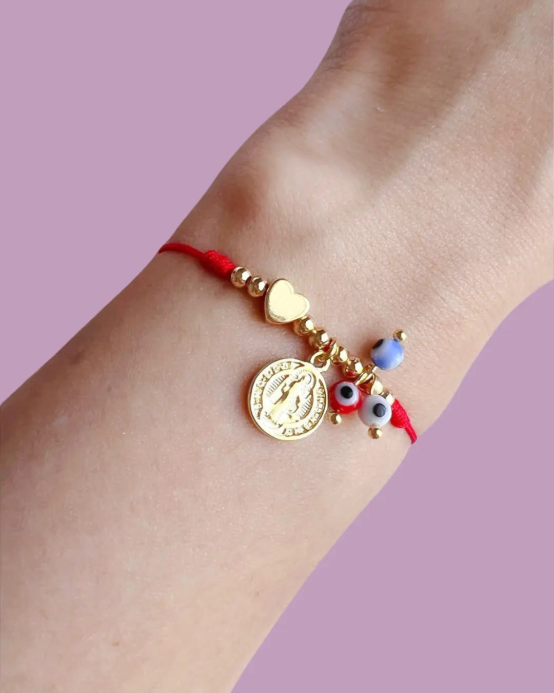 Saint Benedict Red Cord Bracelet, Brass Medal, Blue Evil Eye Beads, 18K Gold Plated Details, Adjustable 5–9 in