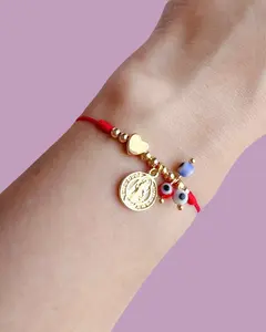 Saint Benedict Red Cord Bracelet, Brass Medal, Blue Evil Eye Beads, 18K Gold Plated Details, Adjustable 5–9 in