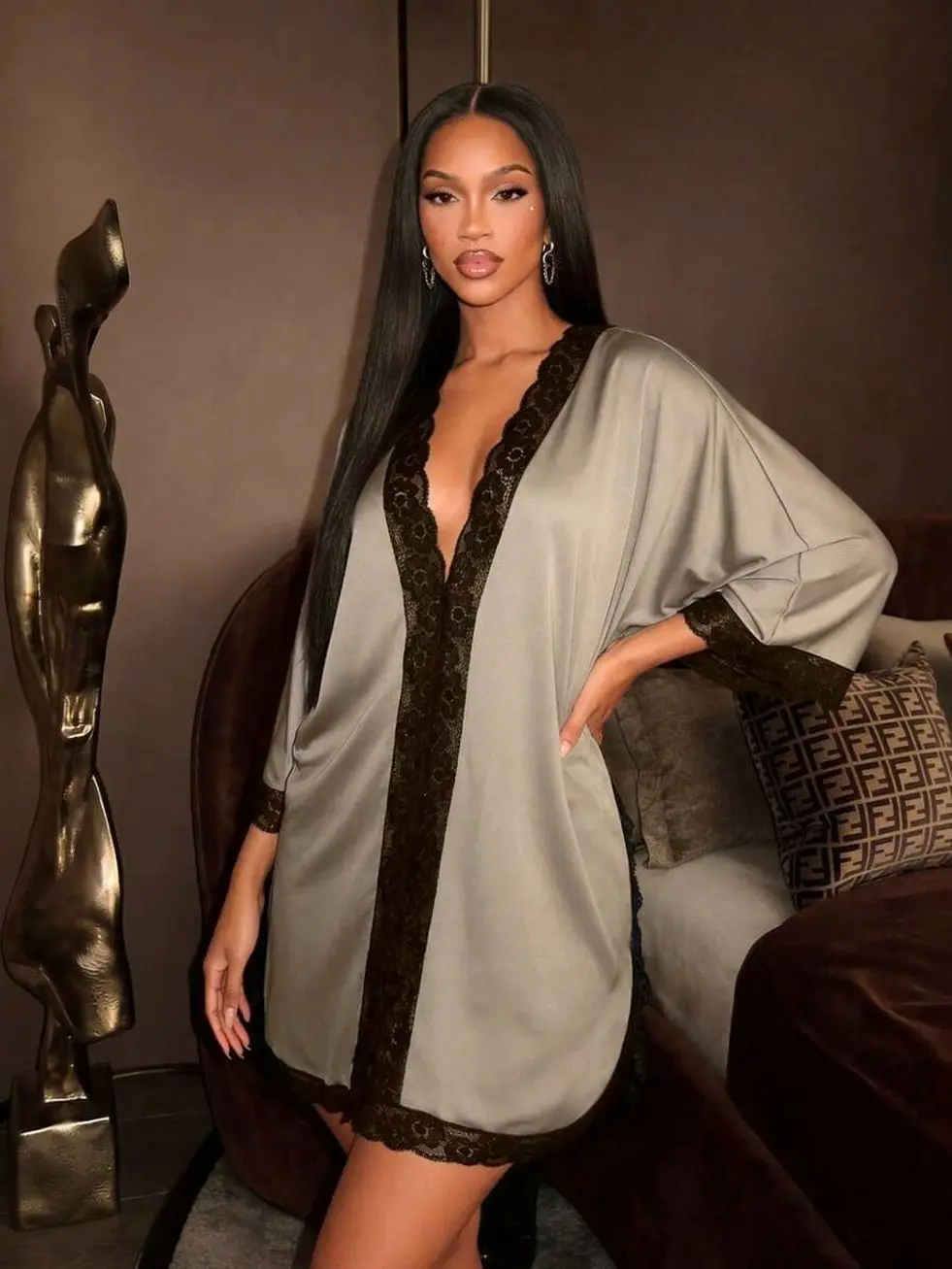 Lace Trim Sleep Dress, Satin Dolman Sleeve Nightgown, Comfortable Lounge Wear For Women, Elegant Mini Nightwear