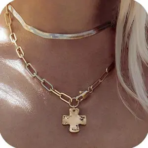 Fashion Hammered Cross Choker Necklace Stainless Steel Snake Bone Chain Layered Personalized Jewelry