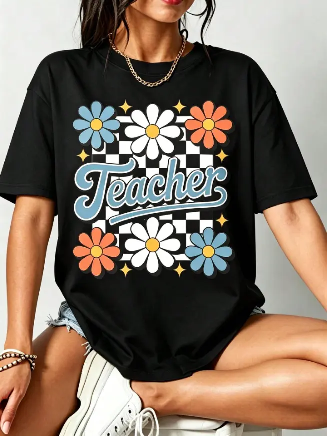 Women's Round Neck Cotton Short Sleeve Tee - Retro Checkerboard Daisy Teacher Graphic, Aesthetic Casual Vintage Heat Transfer Tshirt for Lady, Back to School Campus Activity, Pair with Jeans