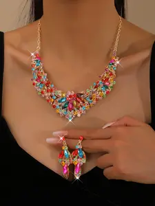 Vintage Palace Style Rhinestone Collarbone Necklace Set, Elegant Floral Rhinestone Earrings, Wedding Banquet Dress Accessories, Elegant Jewelry Set