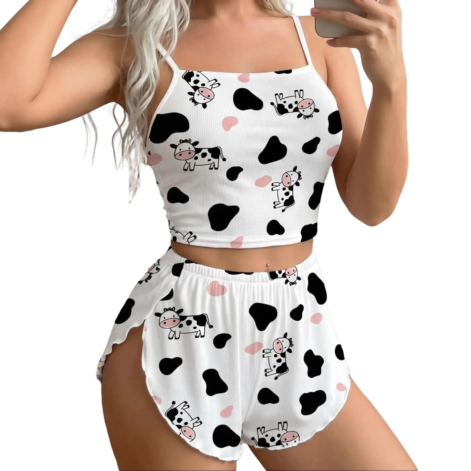 Avid love Women Cami Ribbed Pajama Set Sexy Side Slit Sleepwear Soft Lingerie 2 Piece PJ Set
