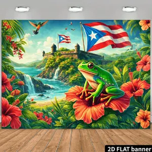 2D Flat Banner Polyester Photography Backdrop, HD Digitally Printed Background Cloth with Vibrant Tropical Landscape, botanical Frog, Hibiscus Flowers, Castle, Waterfalls, and Puerto Rican Flag Design for Parties, Events, Photo Bo