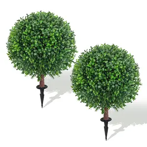 Artificial Boxwood Topiary Balls Set of 2 UV Resistant 23" Fake Shrubs with Ground Spikes Faux Evergreen Decorative Plants for Outdoor Indoor Porch Patio Garden front porch decor