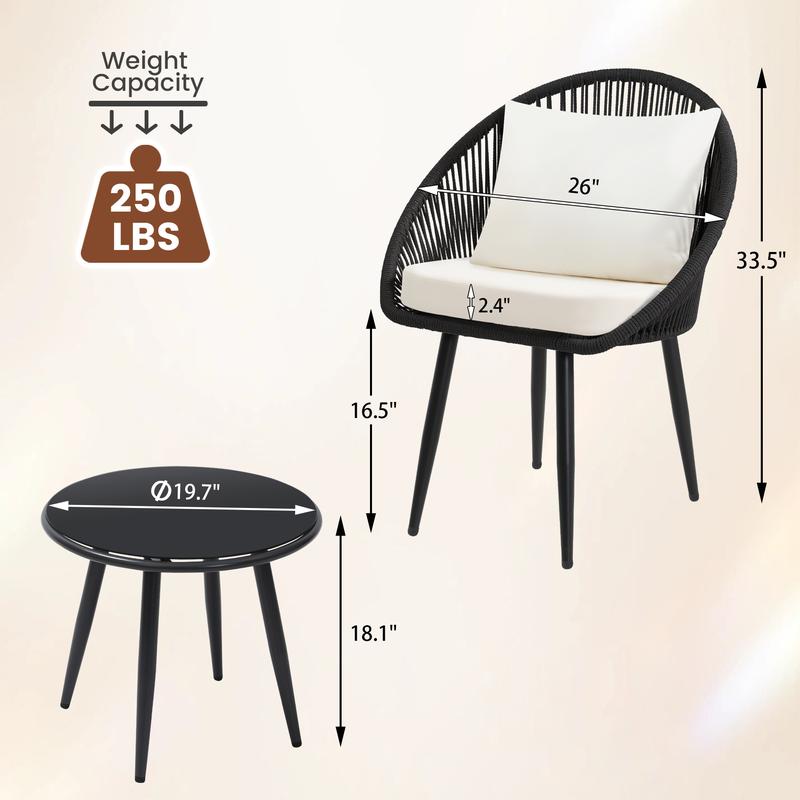 3-Piece All-Weather Bistro Set – Woven Rope Chairs with Cushions & Side Table, Modern Black Patio Set for Balcony, Poolside & Outdoor Lounging
