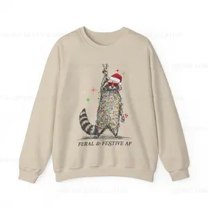 Feral & Festive AF Raccoon Ugly Christmas Sweatshirt Tangled Lights Unhinged Funny Christmas Sweater White Elephant Gift Plus Size