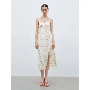 URBAN REVIVO Women's 2026 Spring Chic Viscose-Polyester Ditsy Floral Sleeveless Midi Slip Dress, Camisole Neck, Side Slit, Thin Cream Premium Fabric, Yellow Print, Casual Wear, UWG750180