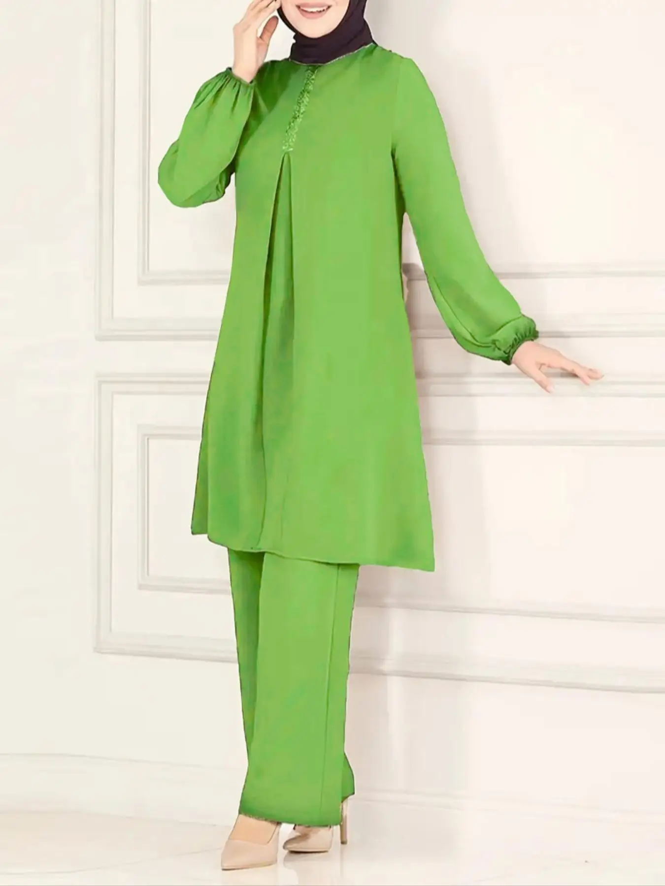 Women's Solid Contrast Sequin Long Sleeve Round Neck Top & Straight Leg Pants Two-piece Set, Elegant Fashion Casual Top & Trousers for Daily Outdoor W