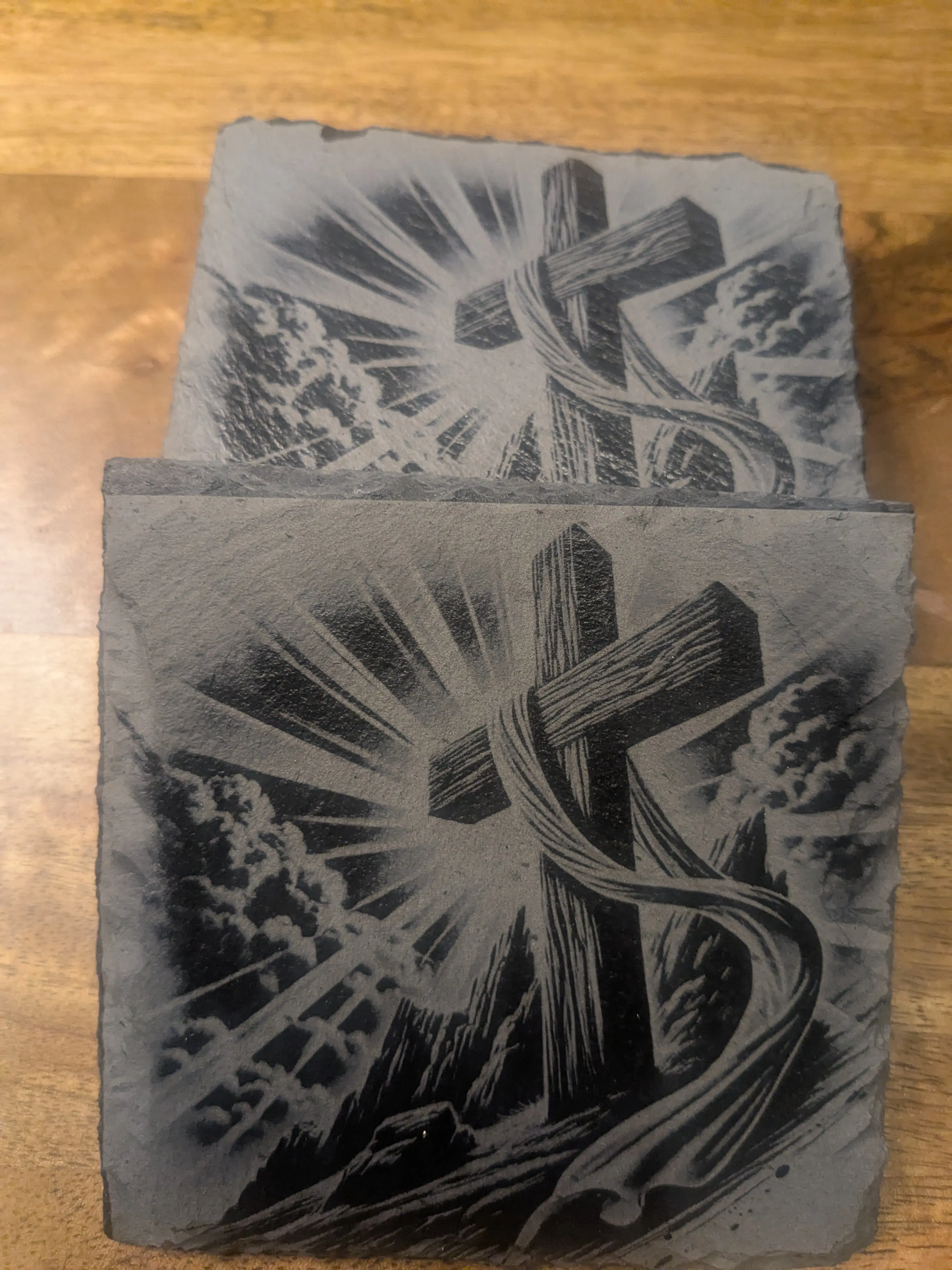 Risen Savior 4-Piece Ceramic Slate Coaster Set - Laser Engraved Empty Cross, Sunburst Decor, Tableware for Daily Use, Symbolizing Faith and New Beginnings, Four Pieces