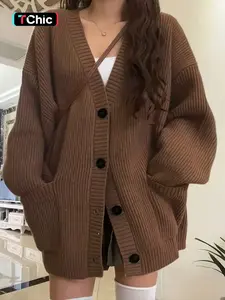 Women's Preppy Style Solid Button Front Drop Shoulder Cardigan, Casual Long Sleeve V Neck Knitwear for All Seasons, Ladies Knit Clothing for Daily Wear