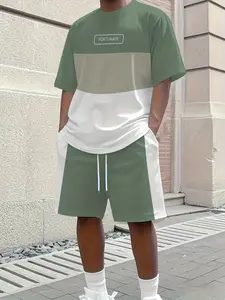 2-Piece Set: Stylish 3-Tone Outdoor Matching Men's Summer T-Shirt and Shorts Set with 3D Letter Print