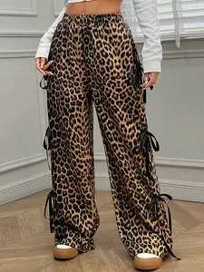 Chic Leopard Print Wide-Leg Pants with Side Bow Detail --Waisted, Casual Polyester, Machine Washable - Perfect//Fall Fashion