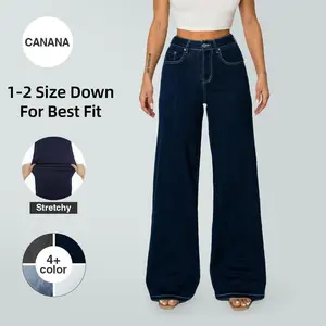 【Plus Size】CANANA Women High Rise Wide Leg Baggy Y2K 90s Jeans Dark Wash Flared Casual Denim Pants Size down 1 to 2 sizes SH25F14