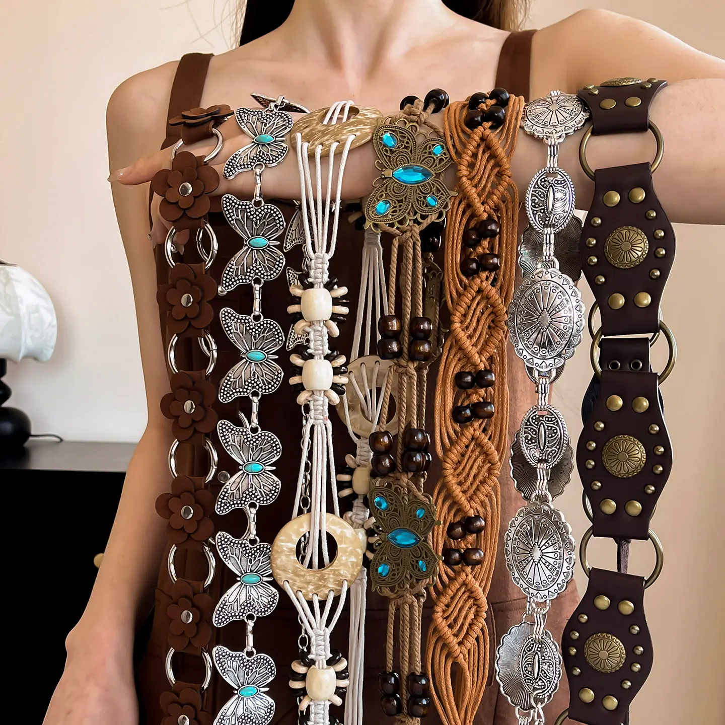 Women's Bohemian Woven PU Leather Belt with Sweet Butterfly Charm and Tassels, Decorative Waist Chain for Pants, Waist Chains, Beaded Belt With Shell Accents In Beige Color - Approximately 174Cm, Beige Braided Rope Beaded Waist Belt-146Cm