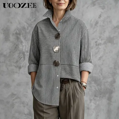 UOOZEE Women's 100% Polyester Patchwork Striped Loose Oversized Button Down Shirt, Removable Metal Pin Decor Split-Joint Long Sleeve Blouse, Non-Stretch Asymmetric High Low Hem Top For Spring Summer Fall, Size Down 1 For Slim Petite Figures, Lightweight,,