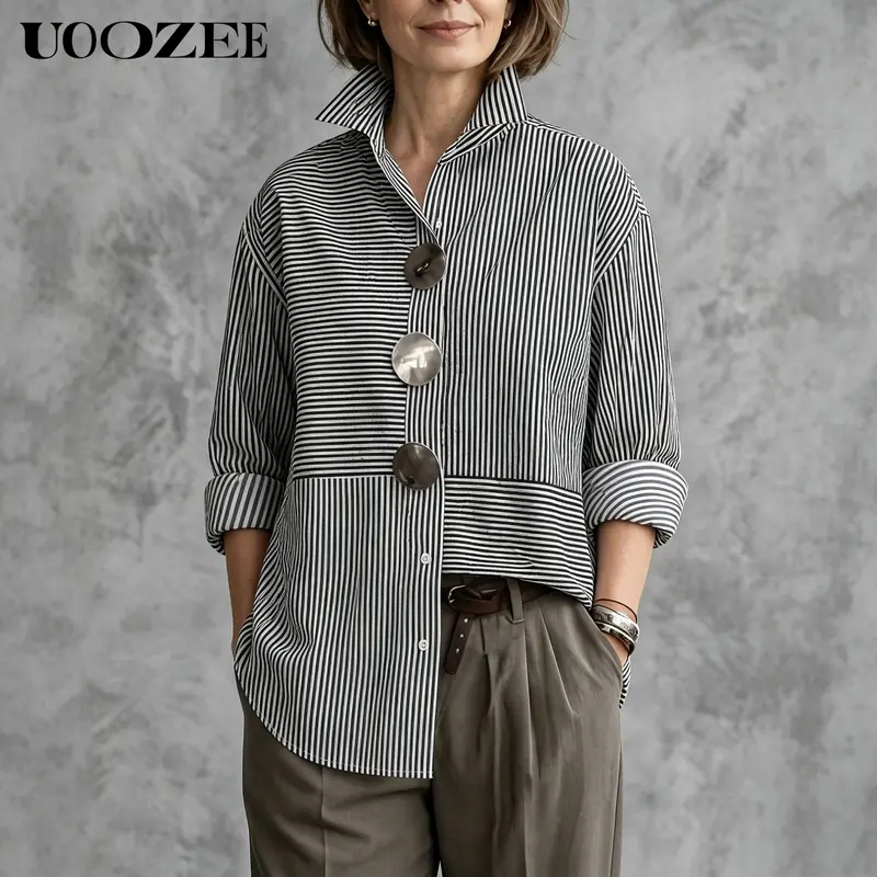 UOOZEE Women's 100% Polyester Patchwork Striped Loose Oversized Button Down Shirt, Removable Metal Pin Decor Split-Joint Long Sleeve Blouse, Non-Stretch Asymmetric High Low Hem Top For Spring Summer Fall, Size Down 1 For Slim Petite Figures, Lightweight,,